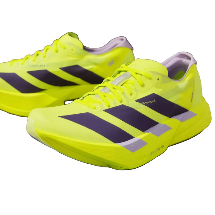 adidas Women's Adios Pro 4 Running Shoes in Solar Yellow/Aurora Plum/Powder Plum, side angle