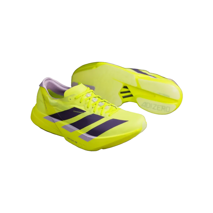 adidas Women's Adios Pro 4 Running Shoes in Solar Yellow/Aurora Plum/Powder Plum, side and outsole view