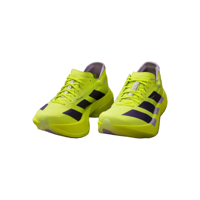 adidas Women's Adios Pro 4 Running Shoes in Solar Yellow/Aurora Plum/Powder Plum, front view