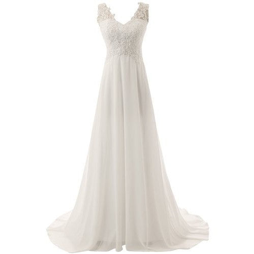 Affordable simple wedding dress for bride with elegant lace detailing and flowing chiffon skirt