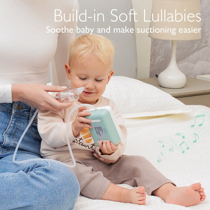 Momcozy hospital grade nasal aspirator with built-in soft lullabies soothing baby during suction.