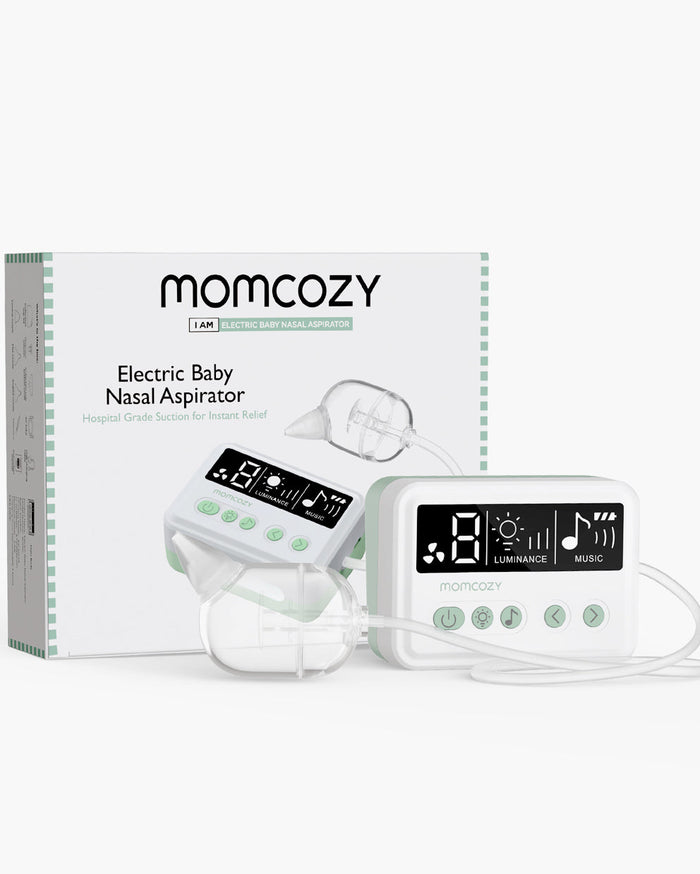 Momcozy electric baby nasal aspirator with digital display showing '8', 'Luminance', and 'Music' icons.