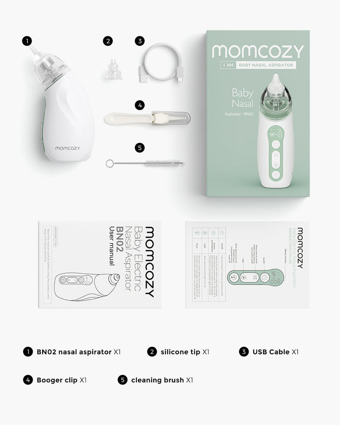 Momcozy Baby Nasal Aspirator BN02 kit with accessories: aspirator, silicone tip, USB cable, clip, brush.