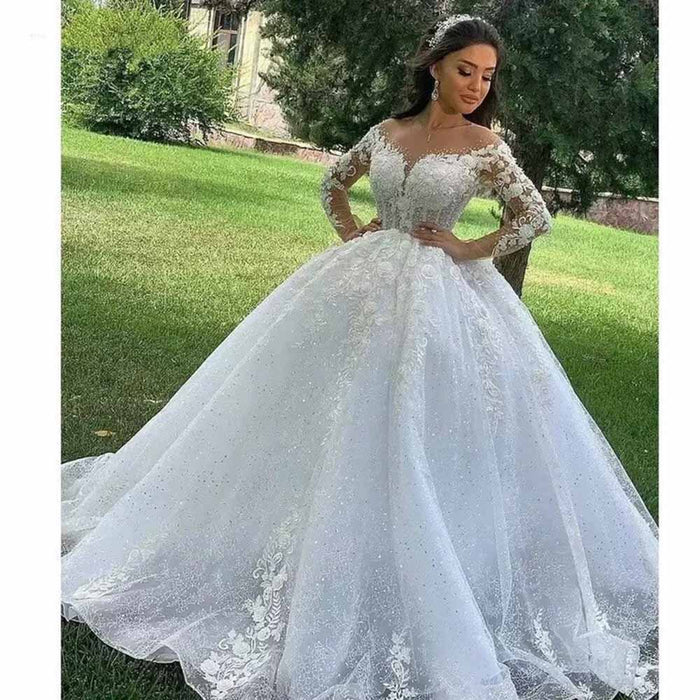 Ball Gown Bateau Long Sleeves Sweep/Brush Train Applique Satin Wedding Dresse