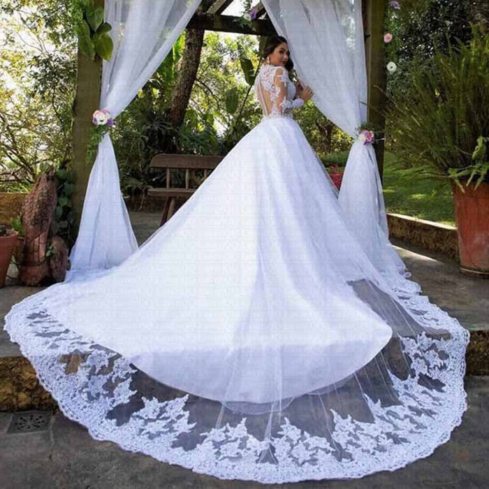 Ball Gown Cathedral Train Long Sleeves Beading Applique Tulle Wedding Dresses