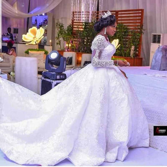 Ball Gown Lace High Neck Long Sleeves Chapel Train Wedding Dresses
