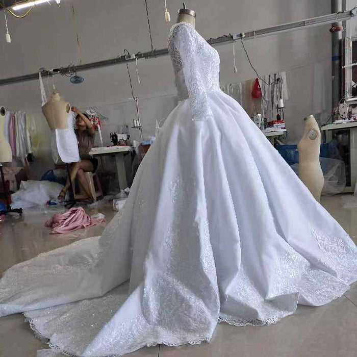 Ball Gown Lace High Neck Long Sleeves Chapel Train Wedding Dresses
