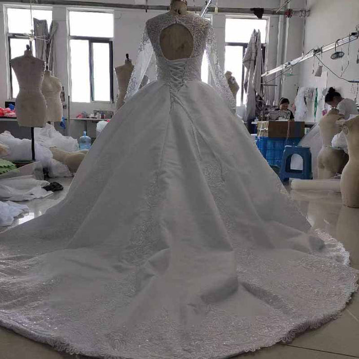 Ball Gown Lace High Neck Long Sleeves Chapel Train Wedding Dresses