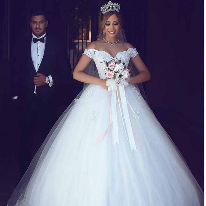 Ball Gown Off-the-Shoulder Sleeveless Floor-Length Lace Tulle Wedding Dresses