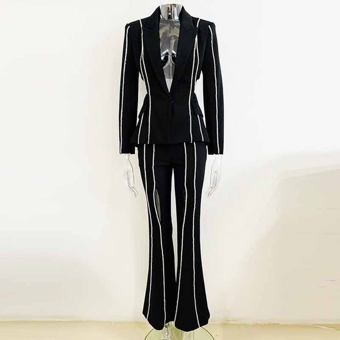 Bell Bottom Pants Suit Set With Black Blazer Hollow Out Fashion Sets