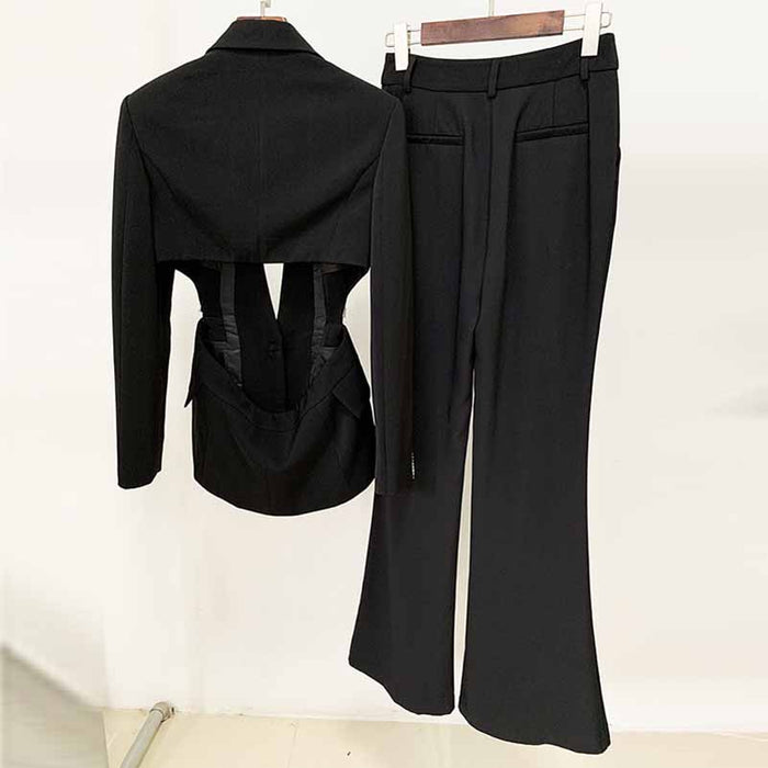 Bell Bottom Pants Suit Set With Black Blazer Hollow Out Fashion Sets