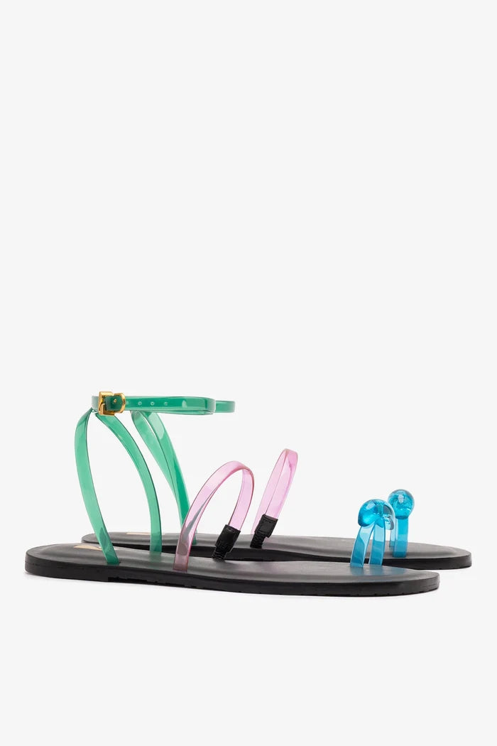 Biarritz Jelly Flat Sandal In Pink, Blue and Green Vinyl Flat - Sandal Larroudé