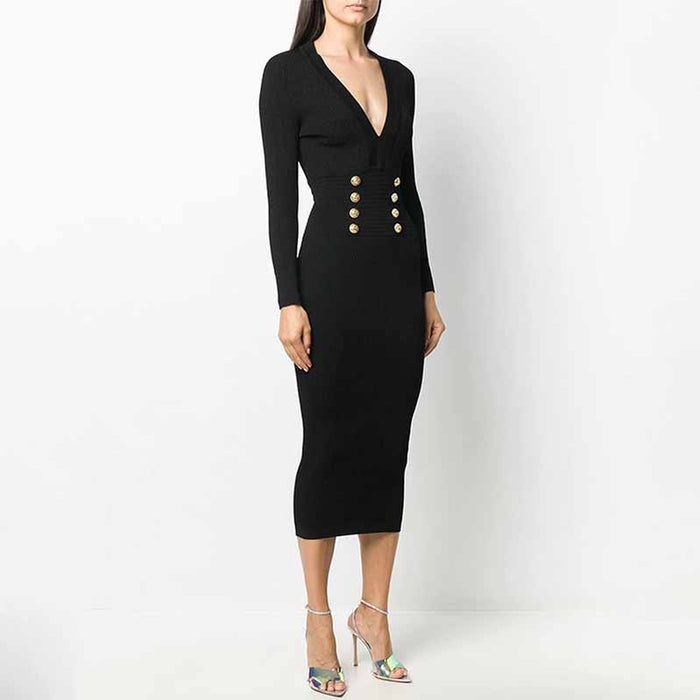 Black Knit Dresses Long Sleeve Zipper Back Midi Knitted Dress For Women