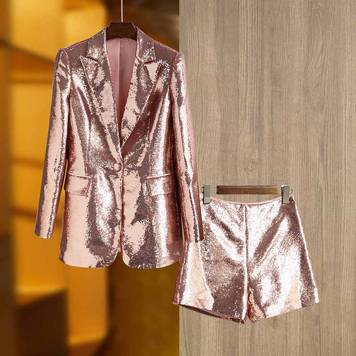 BLING BLING Long Sleeve Blazer and Shorts Suit Set Sparkly Two Piece Suit