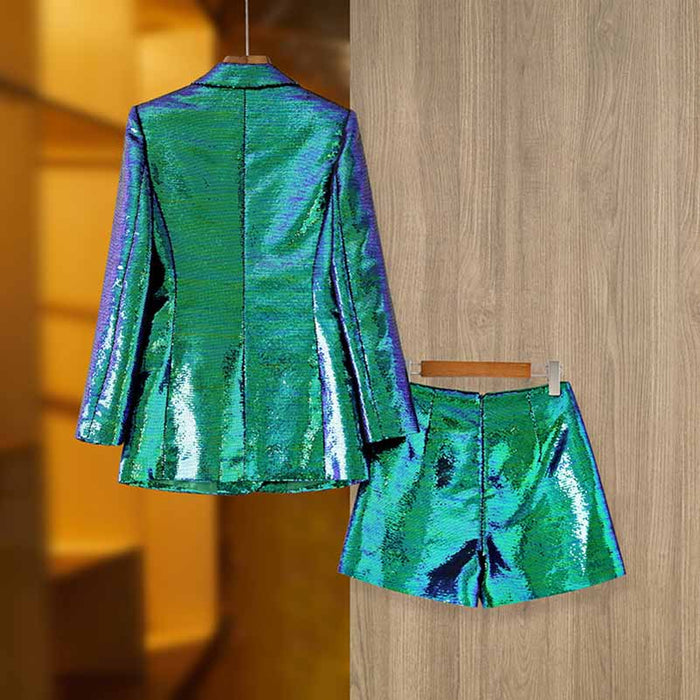 BLING BLING Long Sleeve Blazer and Shorts Suit Set Sparkly Two Piece Suit