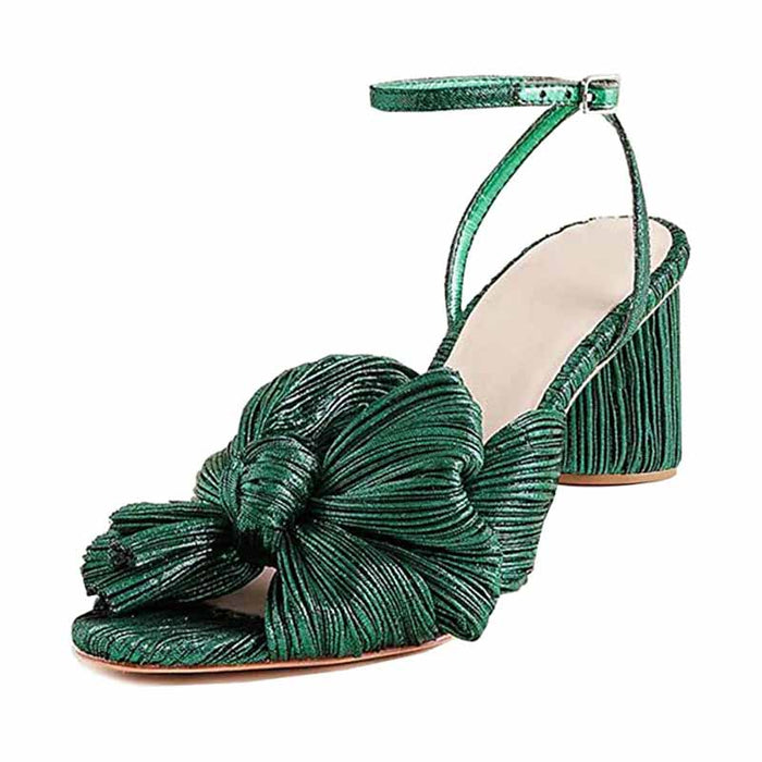 Elegant green bridal bow knot heeled sandals featuring a stylish ankle strap and chunky heel design