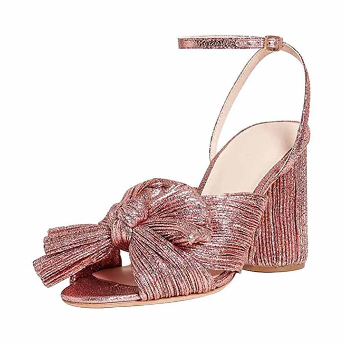 Elegant pink bridal bow knot heeled sandals with a stylish chunky heel for special occasions