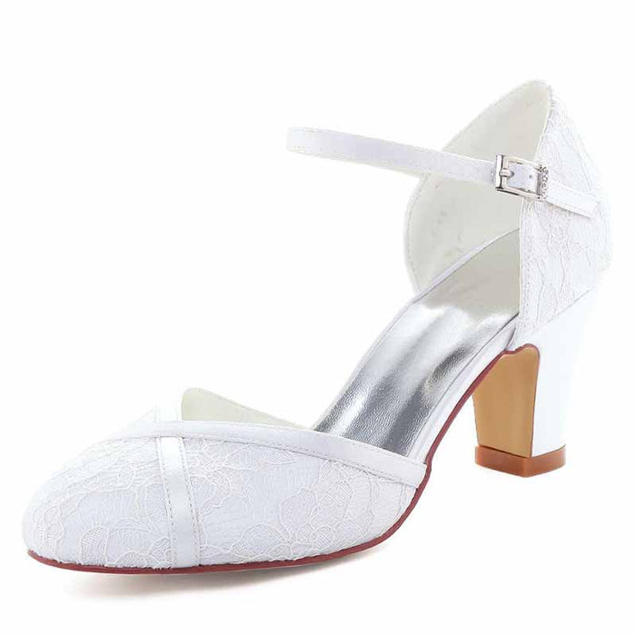 Elegant TC bridal closed toe block heel shoes in white lace design with adjustable strap for weddings