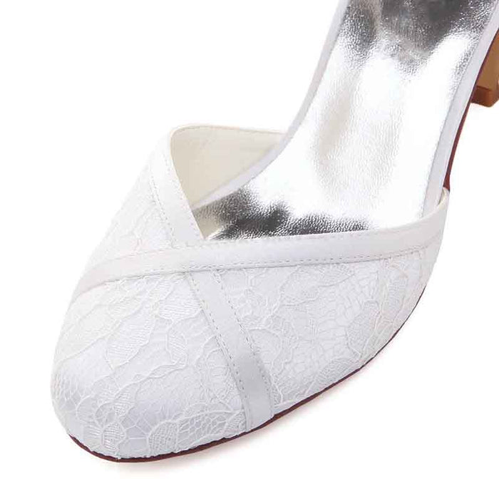 TC bridal closed toe block heel shoes in white lace for elegant wedding styles