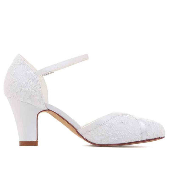 Elegant TC bridal closed toe block heel shoes with lace detailing for the perfect wedding look