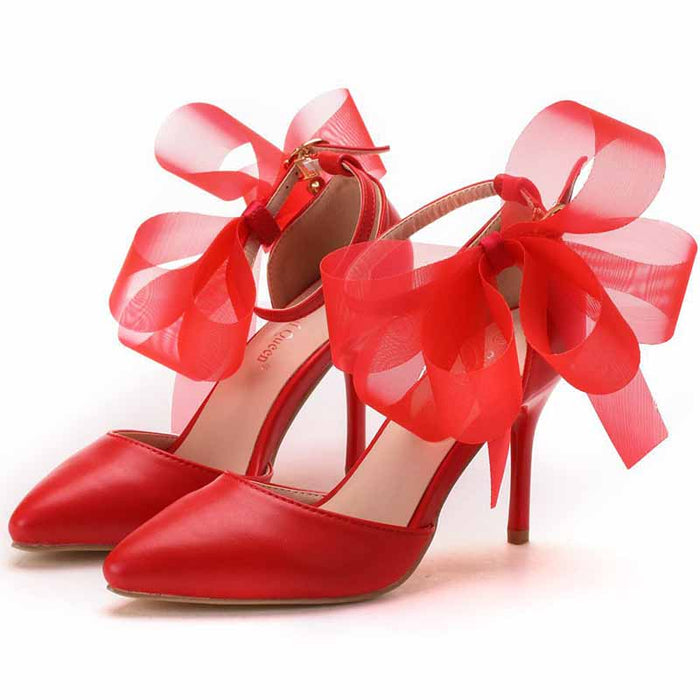 bridal closed toe high heel sandals in red with large bows for stylish wedding wear