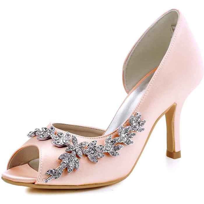 Bridal peep toe wedding heels with embellished design and elegant satin finish