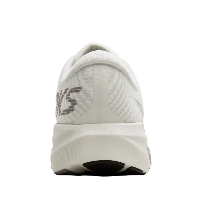 Rear view of a white running shoe with a thick white midsole and dark grey Brooks' branding.