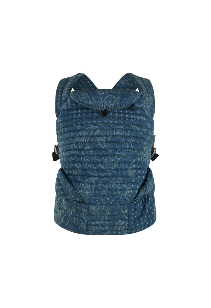Vintage blue paisley cotton baby carrier, front flat lay showing padded body, crossover straps and side buckles