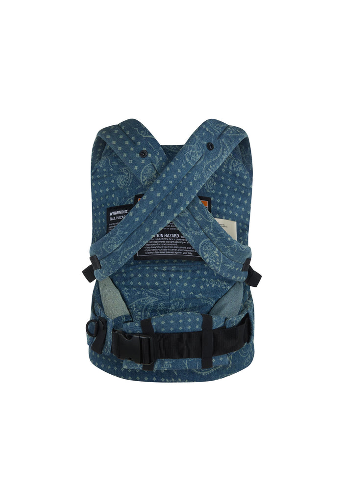 Back view of Armadillo baby carrier in vintage blue cotton with crossover padded straps and black buckle waist belt
