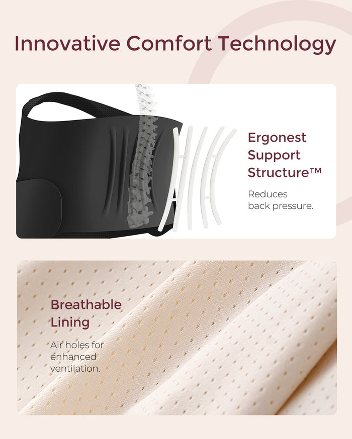 BumpEase maternity belly band: black band with Ergonest Support Structure, beige fabric with breathable lining.