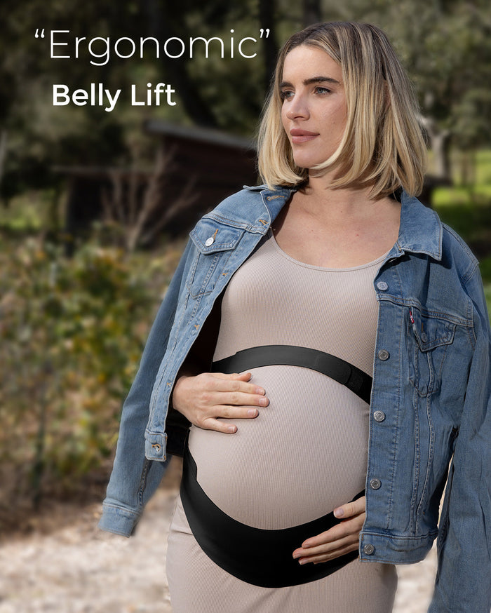 Pregnant person wearing black BumpEase maternity belly band with "Ergonomic" Belly Lift text overlay.