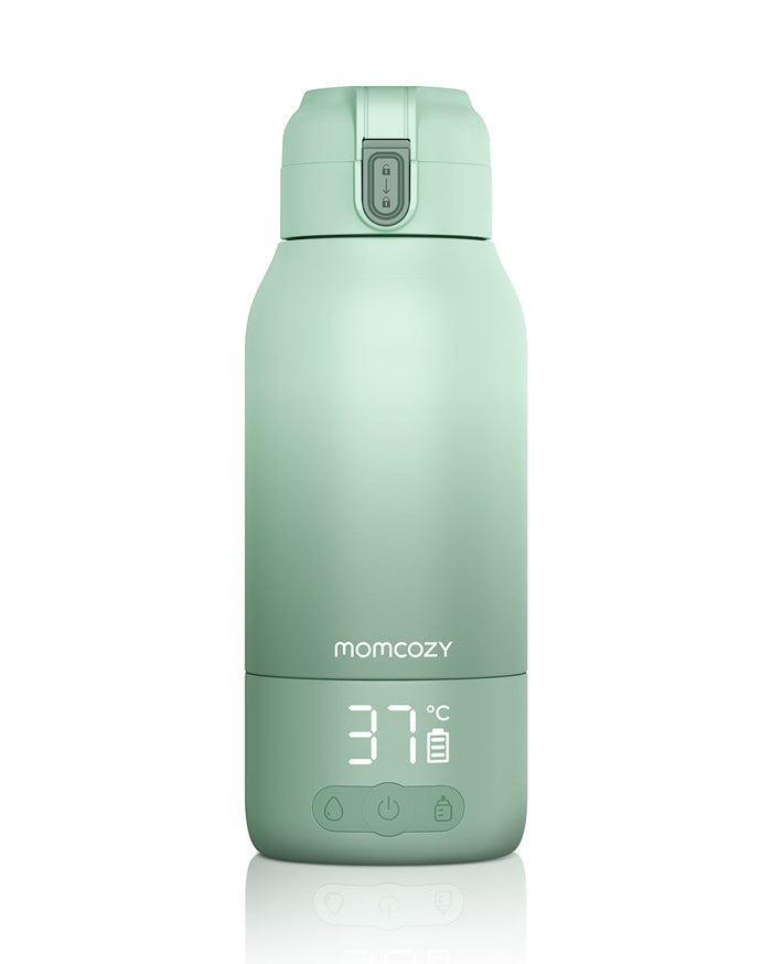 Momcozy portable milk warmer, mint green, LCD display showing 37°C, perfect for travel and fast milk heating