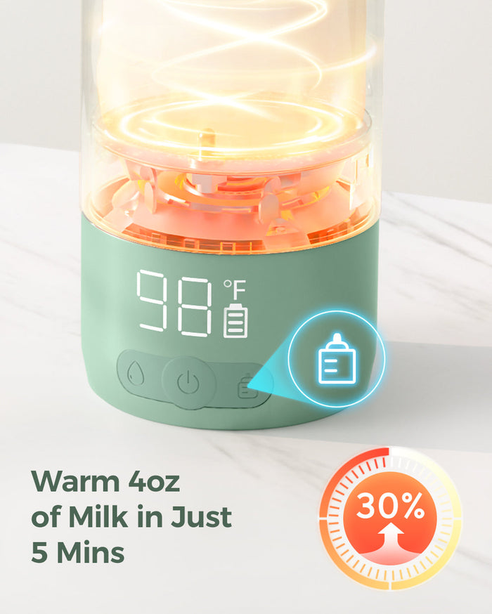 Momcozy mint green portable breast milk warmer, quickly warms 4oz milk in 5 minutes for travel.