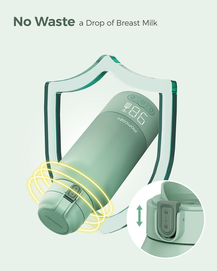 Momcozy portable breast milk warmer, mint green, LCD display, 98°F, fast heating, no waste design, perfect for travel.
