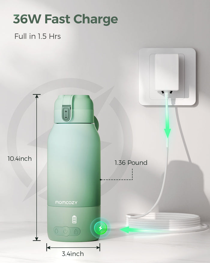 Momcozy mint green portable breast milk and water warmer, fast charging in 1.5 hours, ideal for travel