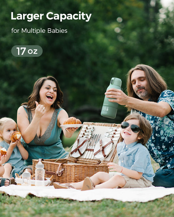 Momcozy portable breast milk warmer, mint green, 17 oz capacity, ideal for travel, heating milk on the go with family picnic.
