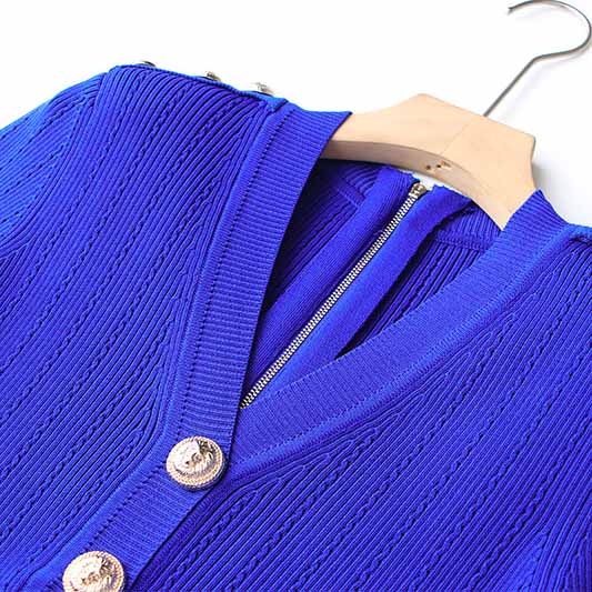 Chic Short Sleeves V Neck Rib-Knit Minidress Royal Blue Short Dress