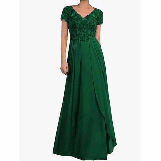 Chiffon Lace  Mother of Bride dresses Short Sleeves Bridesmaid Dress lace Up Evening Maxi Dress