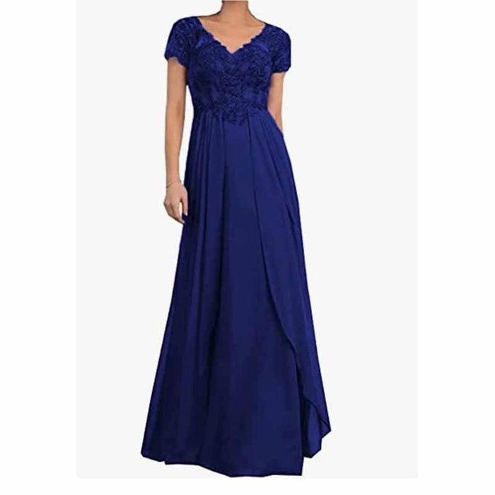 Chiffon Lace  Mother of Bride dresses Short Sleeves Bridesmaid Dress lace Up Evening Maxi Dress