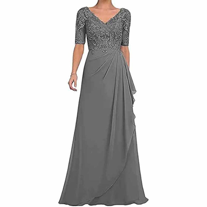 Elegant chiffon lace mother of the bride dress in gray with a flattering V-neck and beaded bodice