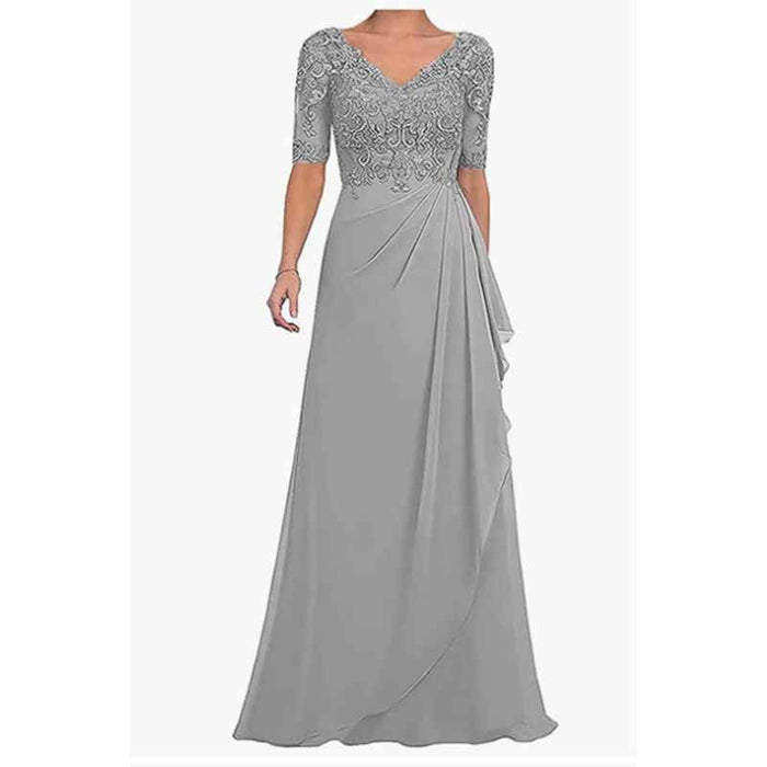 Elegant chiffon lace mother of the bride dress in gray with intricate beading and a flattering silhouette