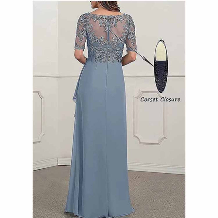 Beautiful chiffon lace mother of the bride dress in blue featuring a corset closure and elegant back detailing