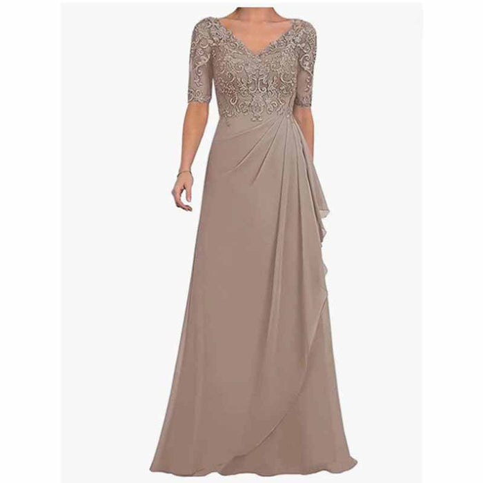Elegant chiffon lace mother of the bride dress in neutral tones with intricate beadwork and a flattering silhouette