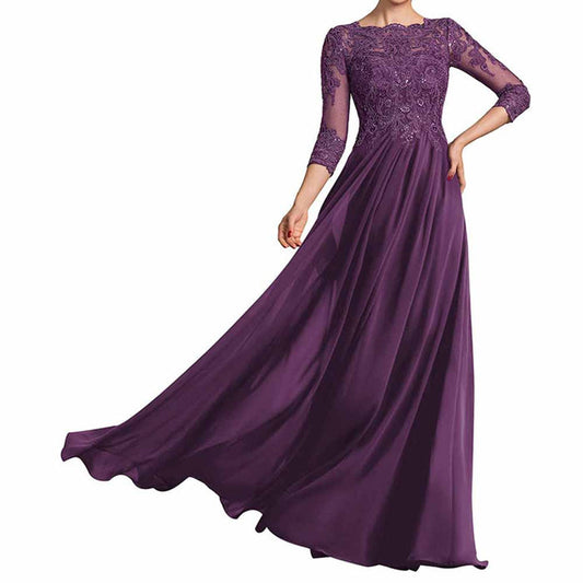 Chiffon Lace Scoop Shoulder 3/4 Sleeves Bridesmaid Dress Floor-Length Mother of the Bride Dresses
