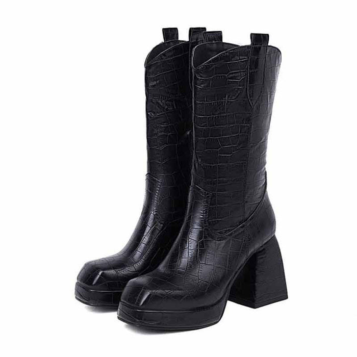 Black crocodile-printed chunky block heel booties for women with stylish tall silhouette