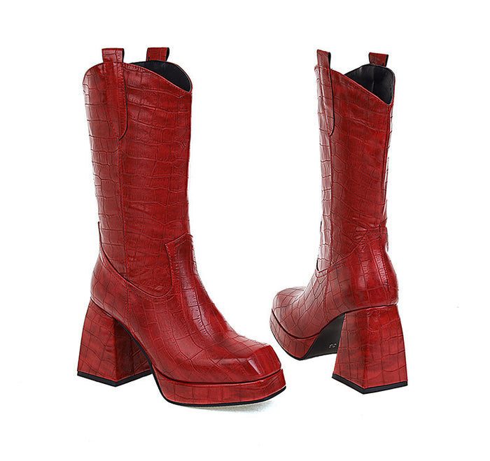 Red Crocodile Print Chunky Block Heel Booties for Women with Stylish Design and Comfortable Fit