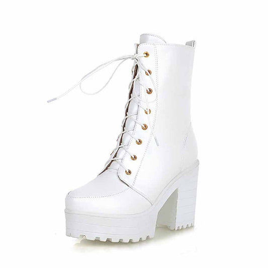 Chunky Heel Booties Round Toe Lace Up High Heel Ankle Boots