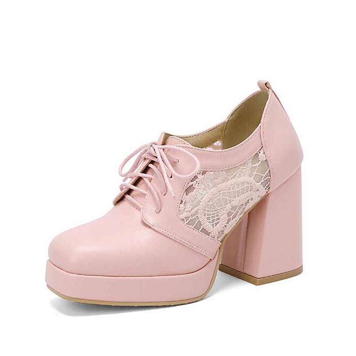 Classic Lace Up Platform Mid-Heel Square Toe Chunky Shoes