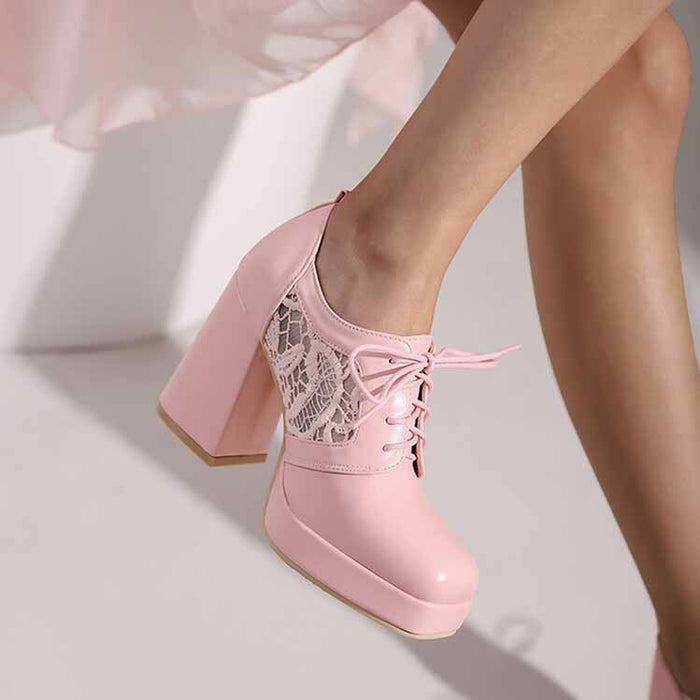 Classic Lace Up Platform Mid-Heel Square Toe Chunky Shoes