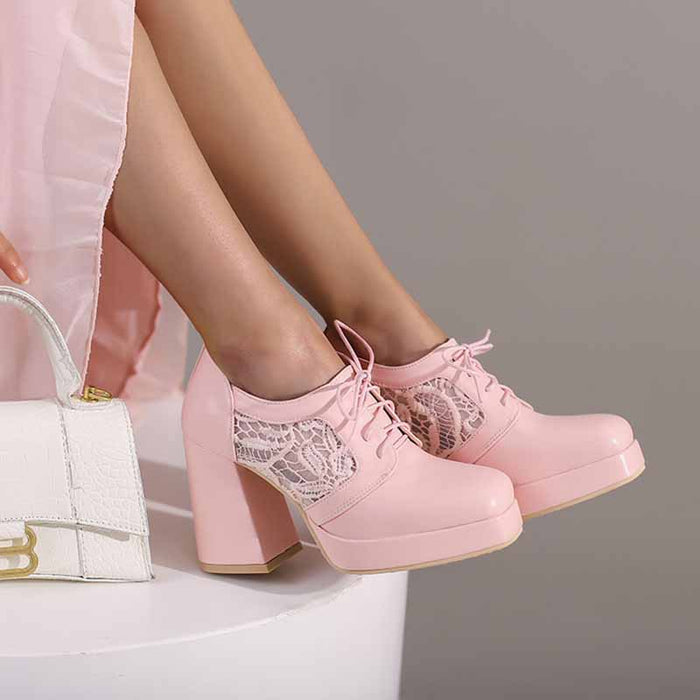 Classic Lace Up Platform Mid-Heel Square Toe Chunky Shoes